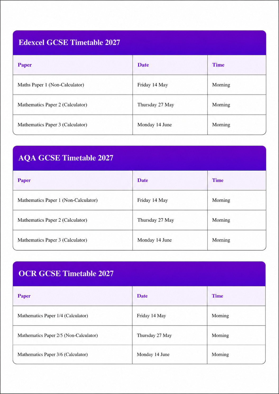 GCSE Timetable 2027
